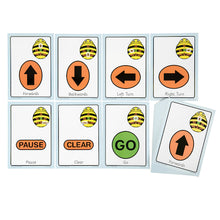 Load image into Gallery viewer, Several of the A5 Bee-Bot sequence cards such as forwards, backwards, pause and clear.