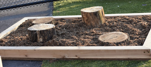 Set of four stumps variing in height in a bed os mulch 