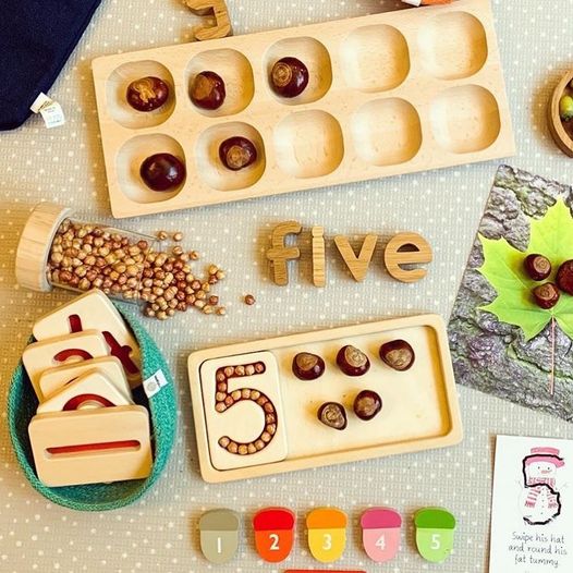 Number 5 and a tray with five pieces in it 