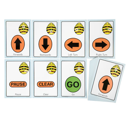 Several of the A5 Bee-Bot sequence cards such as forwards, backwards, pause and clear. 